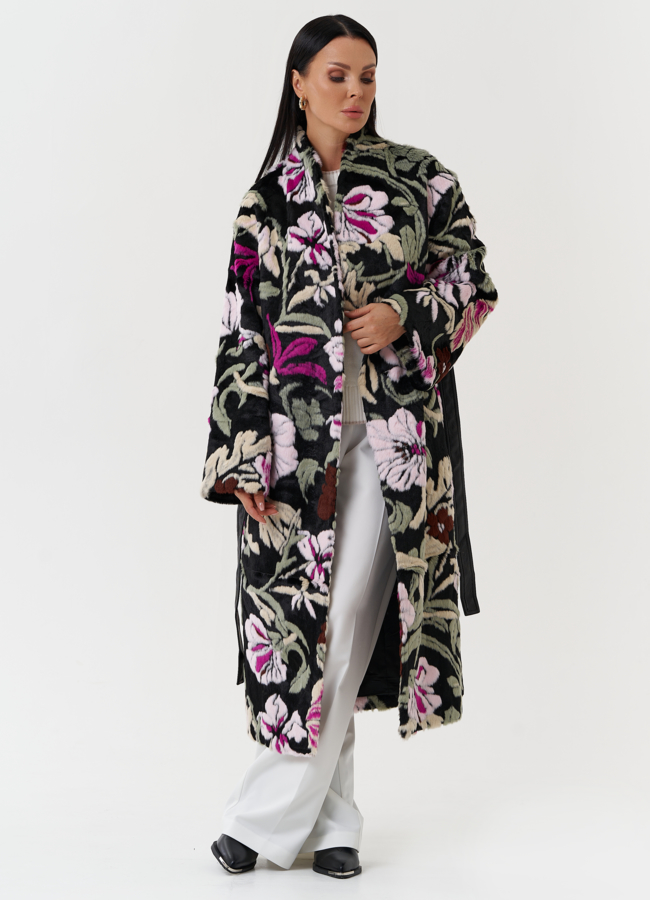 Пальто из эко меха с цветочным принтом модель № 28549 универмаг малина