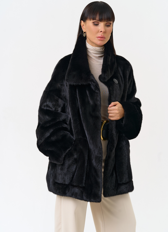 Женская шуба из скандинавской норки с воротником стойкой модель № 31633 универмаг малина