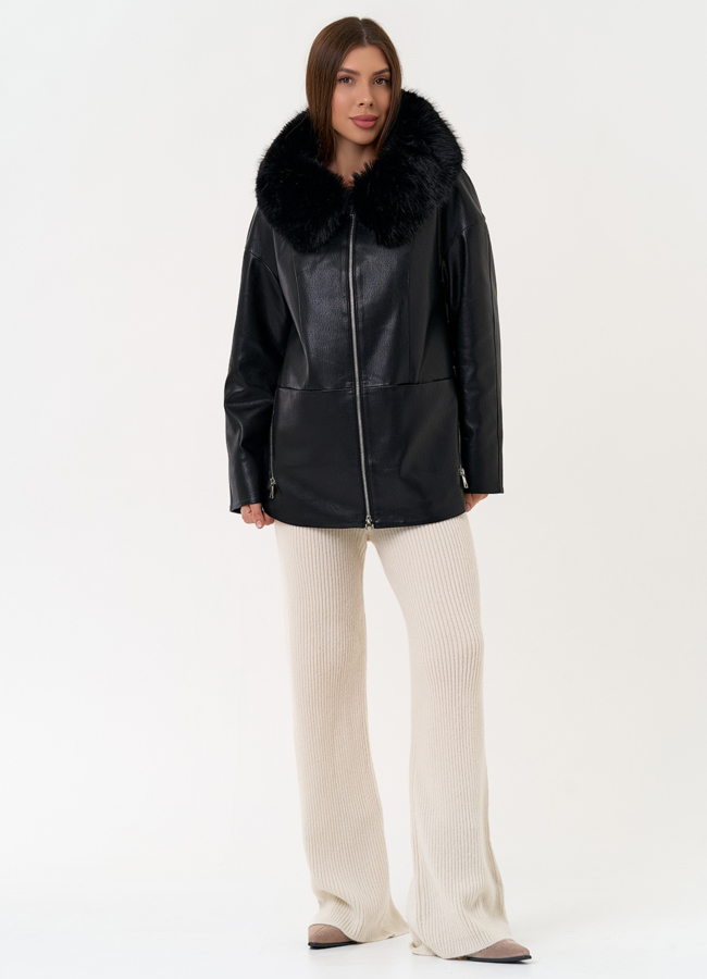 Женская утепленная куртка из эко кожи с капюшоном из эко меха модель № 31495 в рассрочку
