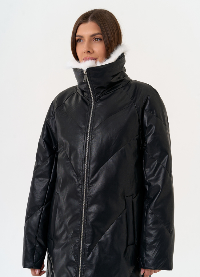 Женский пуховик из эко кожи с отделкой из эко меха модель № 30713 универмаг малина