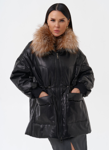 Кожаный пуховик с мехом