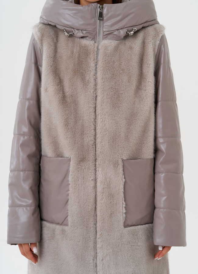 Комбинированный пуховик из эко кожи с капюшоном модель № 28518 в рассрочку