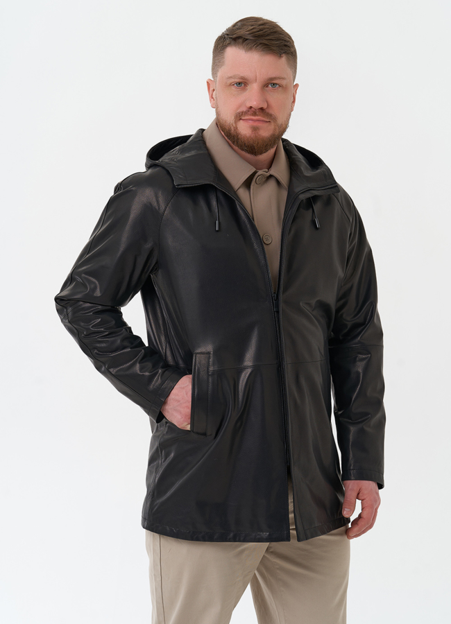 Мужская парка из натуральной кожи с капюшоном модель № 30071 меха малина