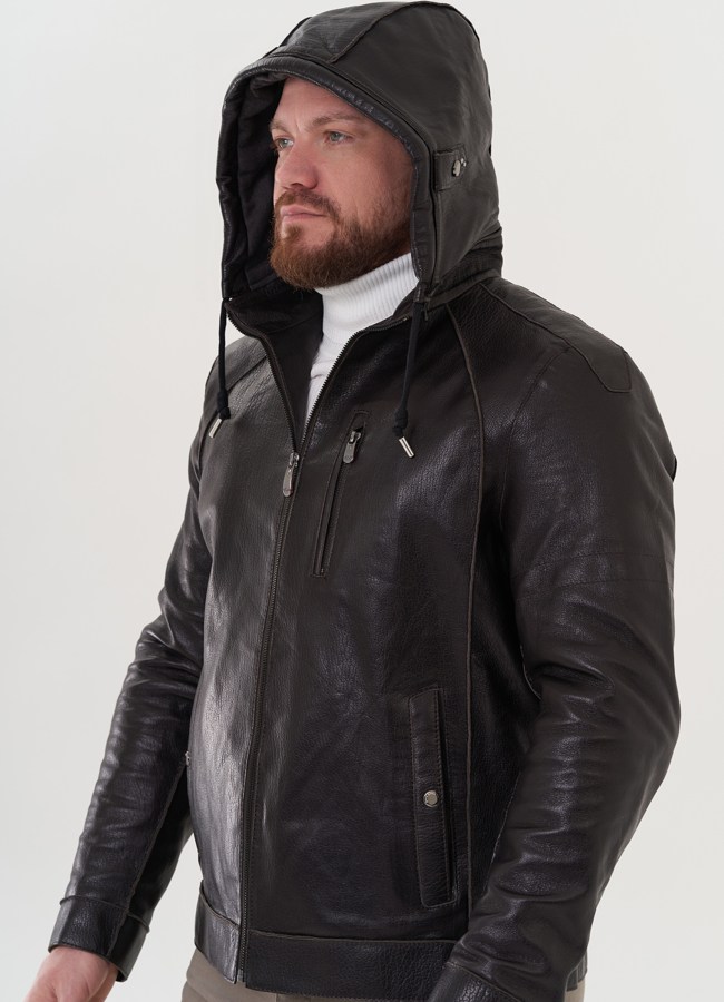 Мужская кожаная куртка с капюшоном модель № 24388 универмаг малина