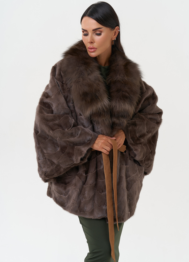 Норковая шуба с отделкой из лисы модель № 6318 меха малина