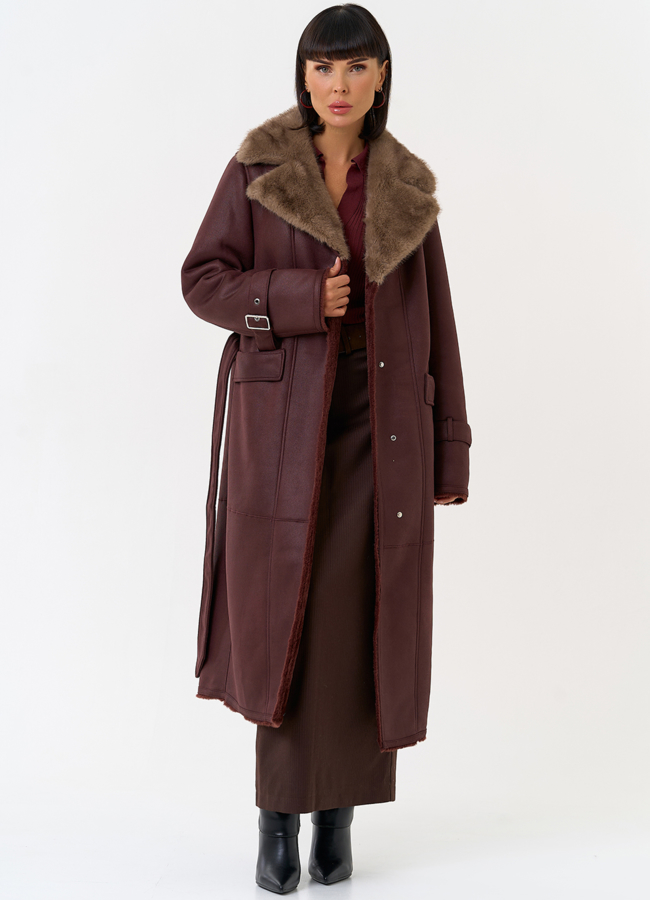 Женская дубленка из эко замши с английским воротником модель № 31511 универмаг малина