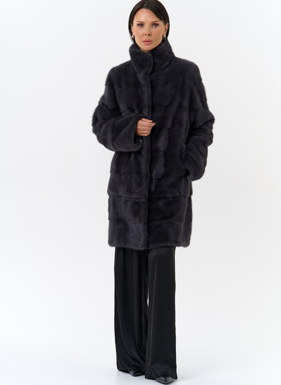 Норковая шуба с воротником стойка в цвете графит