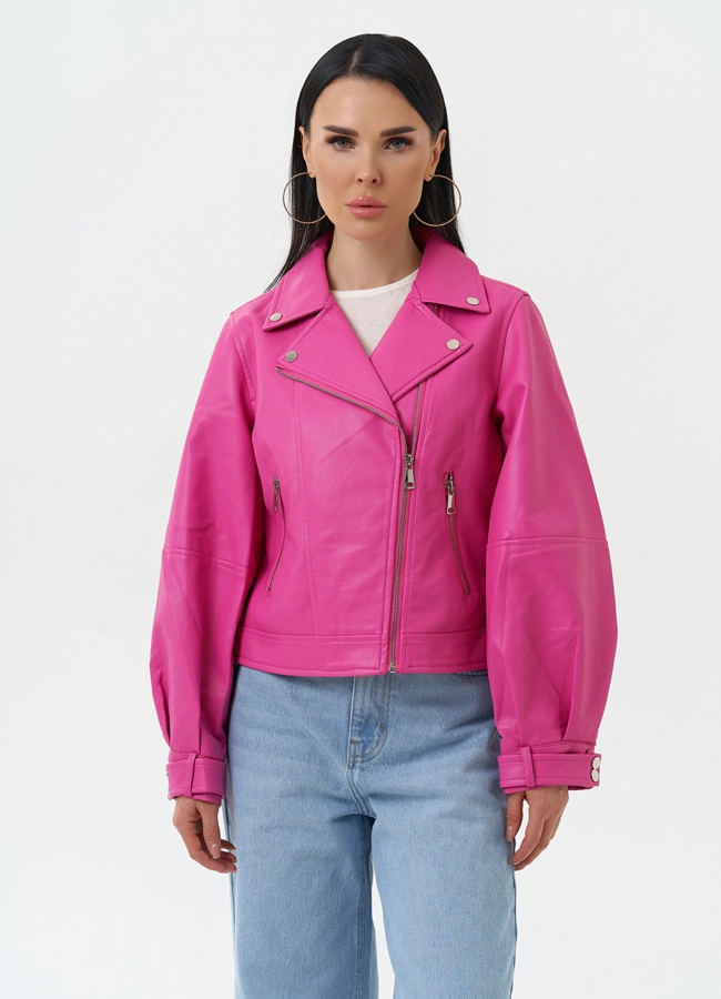 Куртка косуха из эко кожи розового цвета модель № 30306 меха малина