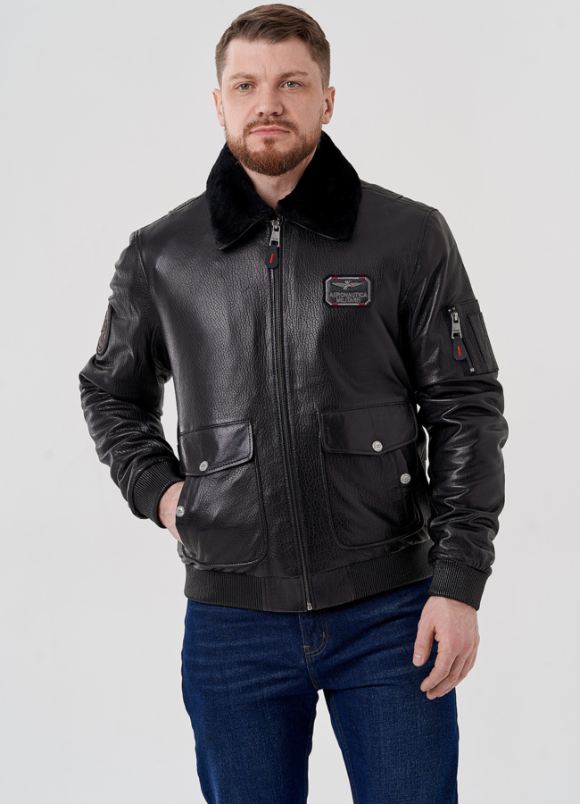 Мужская куртка - пилот из натуральной кожи модель № 24396 меха малина