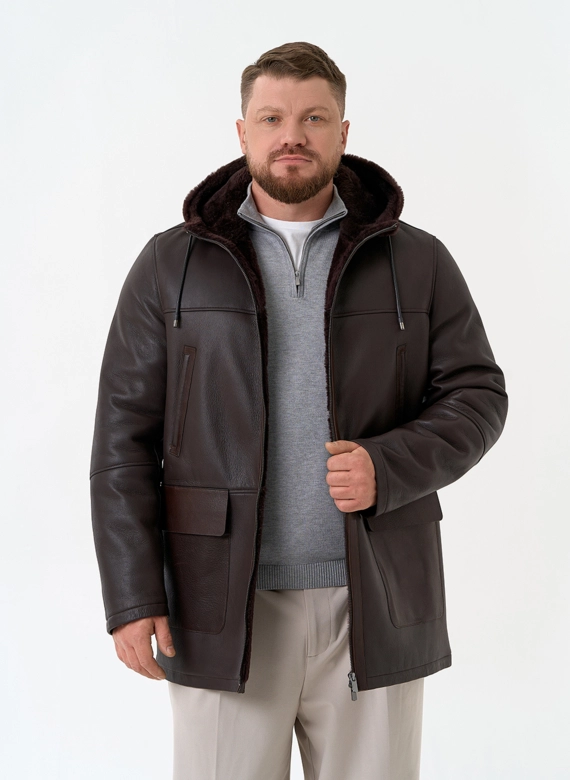 Мужская натуральная дубленка с капюшоном