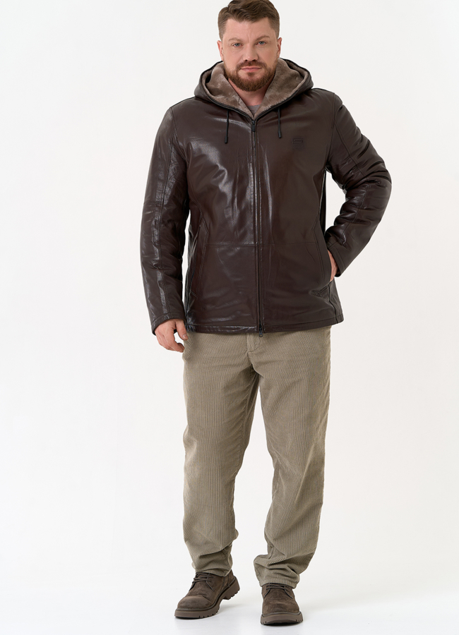 Мужская дубленка коричневого цвета с капюшоном модель № 31777 в кредит