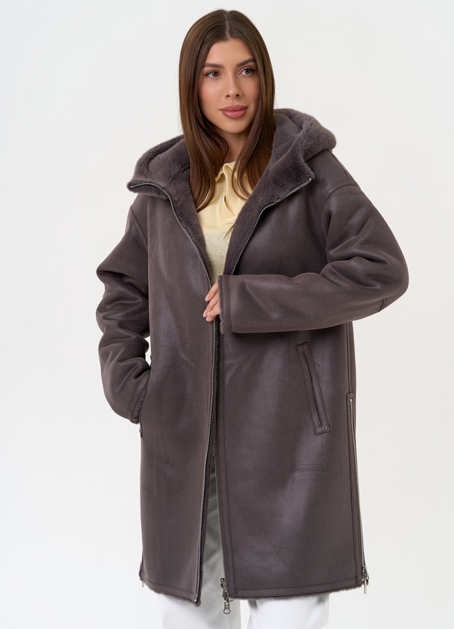 Женская двухсторонняя дубленка из эко замши с капюшоном модель № 31435 универмаг малина
