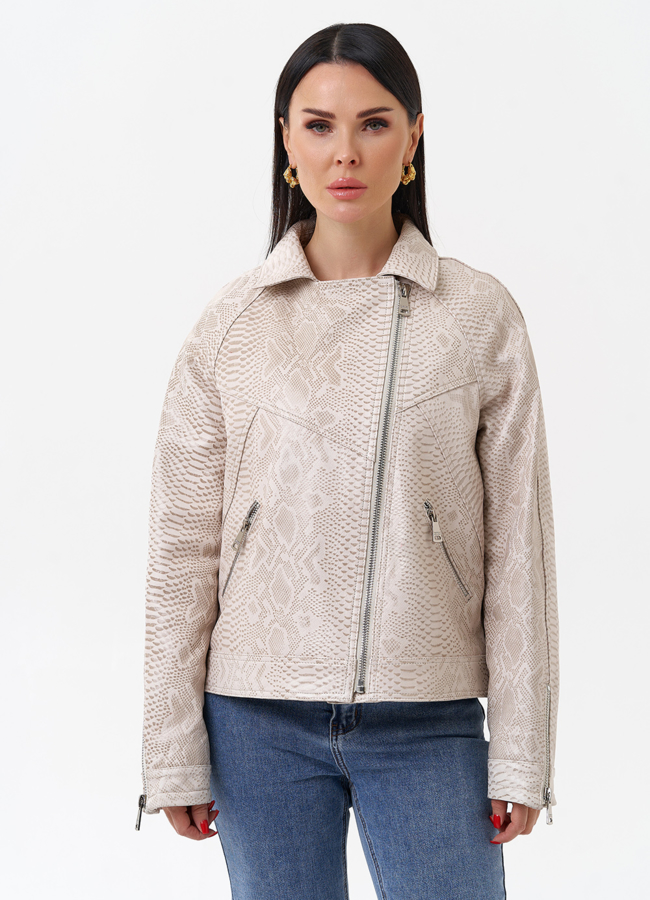 Светлая куртка из натуральной кожи с принтом змея модель № 4443 универмаг малина