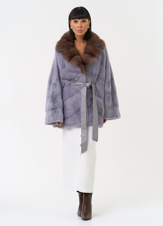 Женская шуба из меха норки с воротником из меха куницы модель № 27581 универмаг малина