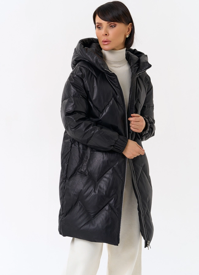 Длинный пуховик из кожи модель № 31215 универмаг малина фото