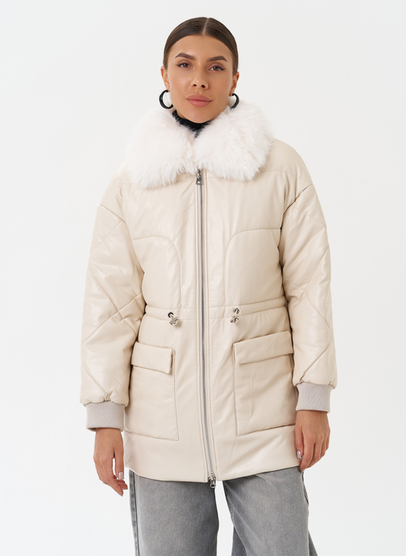 Пуховик из эко кожи с мехом песца