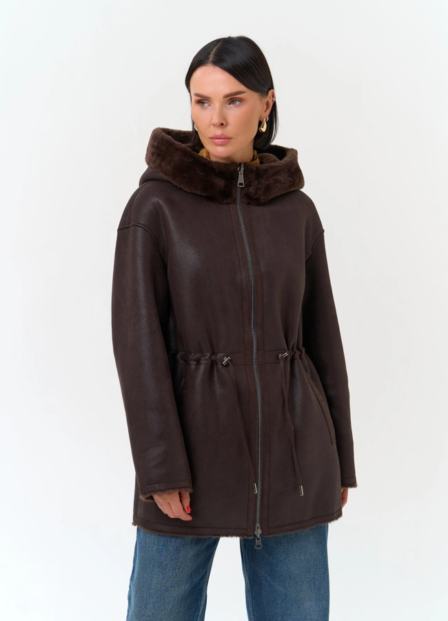 Женская дубленка из эко замши модель № 33902 универмаг малина