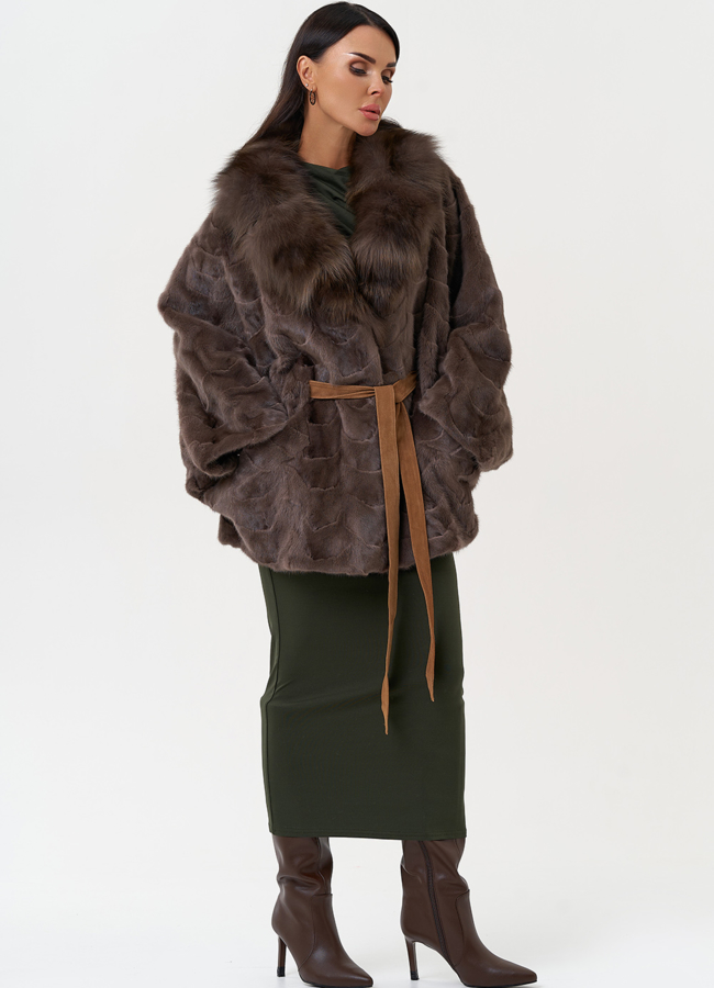 Норковая шуба с отделкой из лисы модель № 6318 универмаг малина