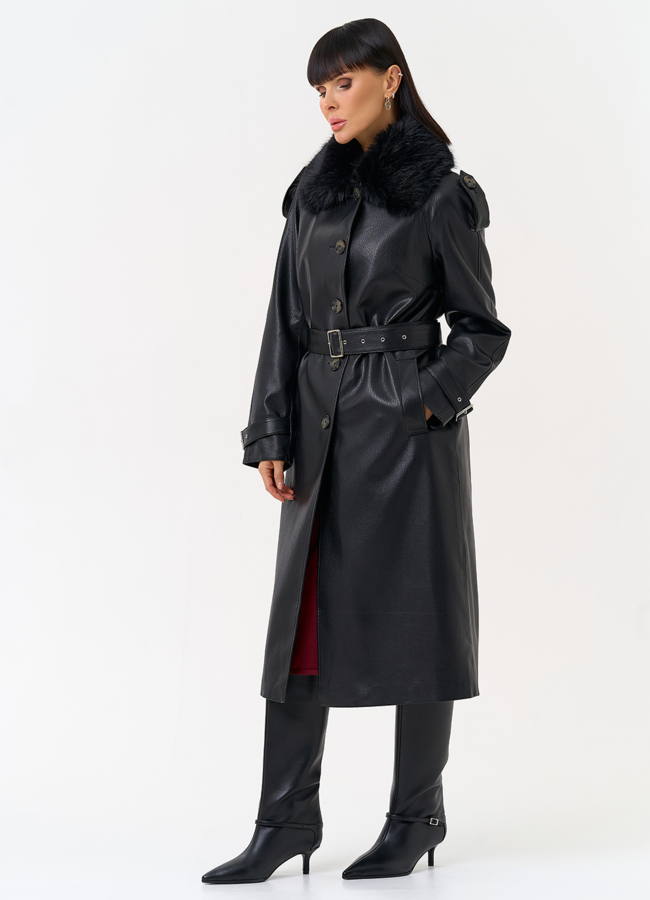 фото Женское утепленное пальто из экокожи с воротником из эко меха модель № 30705