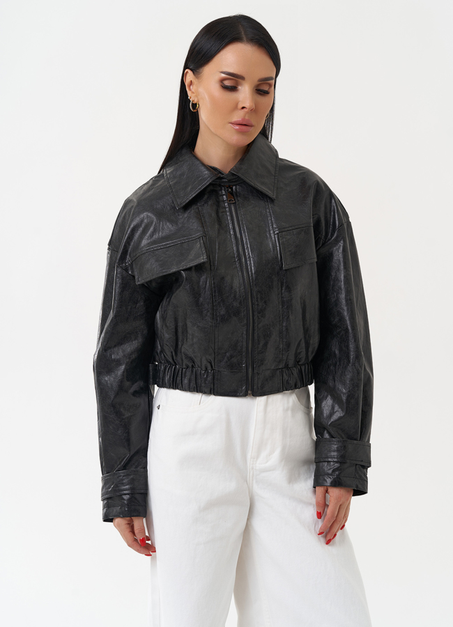 Куртка бомбер из эко кожи черного цвета модель № 30458 в кредит