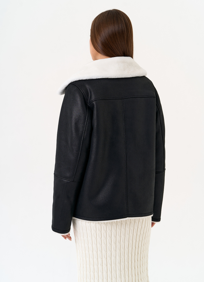 фото Женская дубленка из эко замши черного цвета модель № 31514