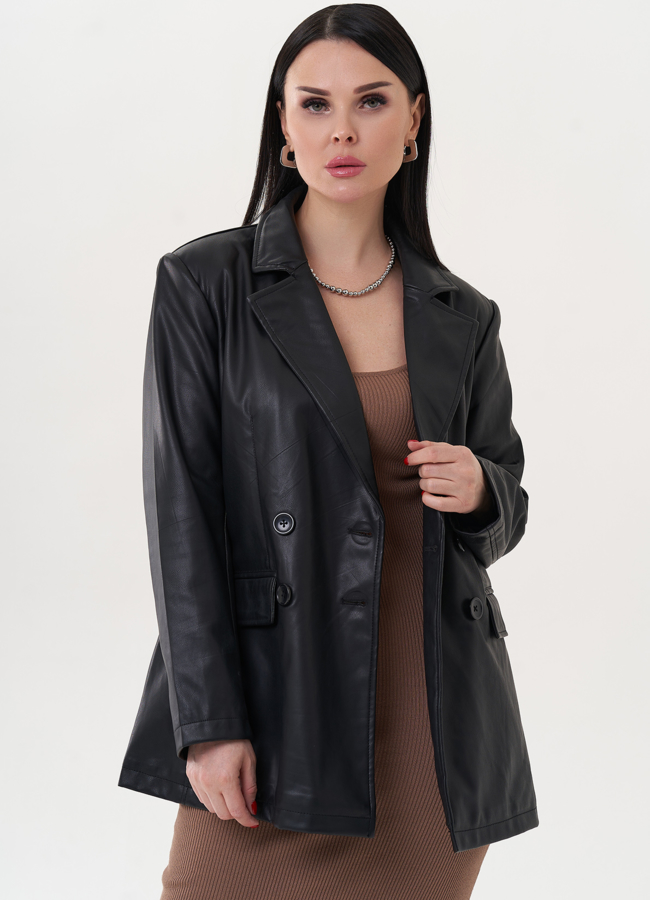 Пиджак черного цвета из эко кожи модель № 26745 в рассрочку