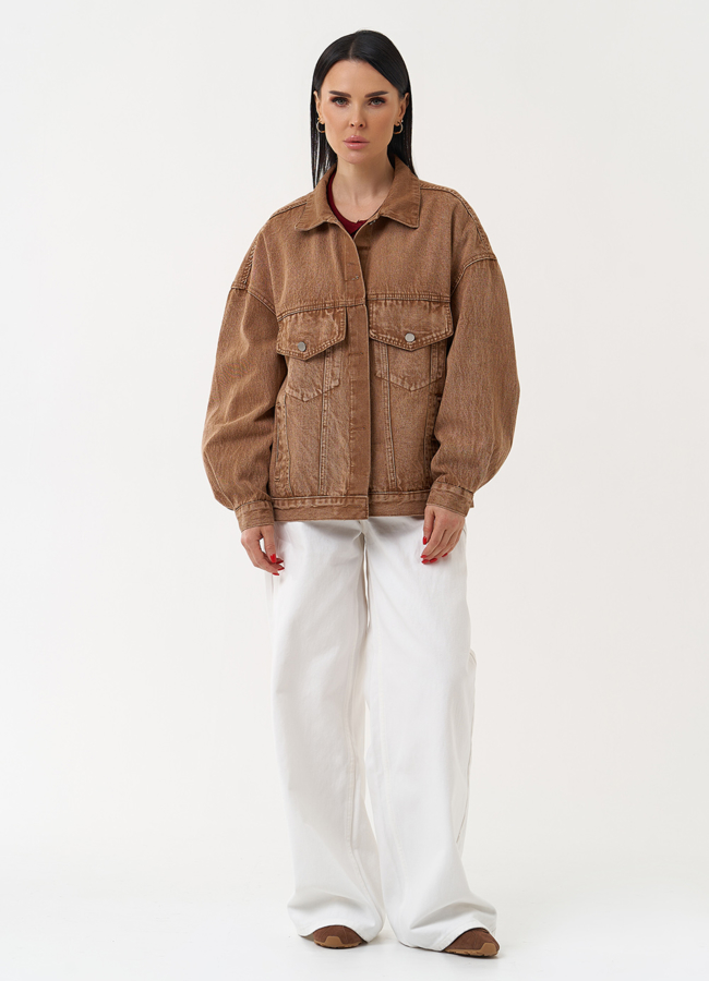 Женская джинсовая куртка коричневого цвета модель № 30414 в рассрочку