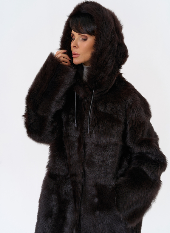 Женская двухсторонняя дубленка с капюшоном